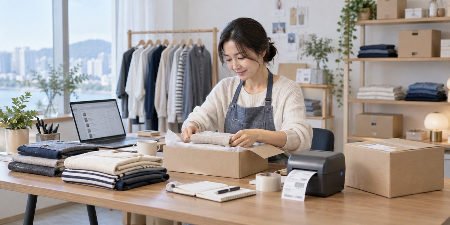 상품 포장 공간에서 노트북으로 업무를 보는 운영자 — 점수 이야기보다 사업 이야기가 먼저인 까닭이 있습니다