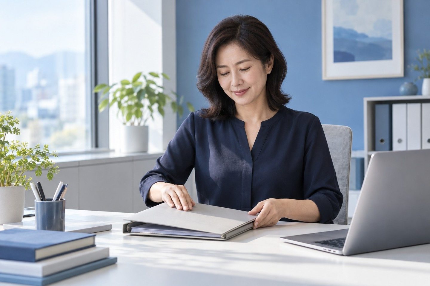 노트북 옆의 문서를 읽는 여성 — 저신용자 PG사 비교비교, 점수 낮은 사장님도 고를 수 있어요. 연락 주시면 견적서를 한 줄씩 같이 읽어 드립니다.
